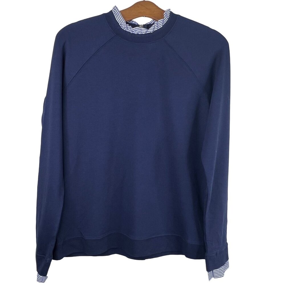 Carolina Belle Blouse Size Small Long Sleeve Ruffle Trim Navy Blue Cotton Blend